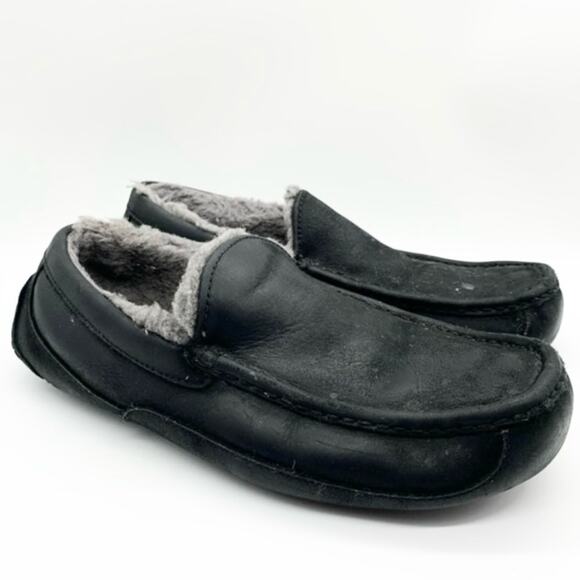 UGG Ascot Leather Shearling Lined Slippers In Black Marble Size 11 Lounge Comfy - Picture 1 of 13